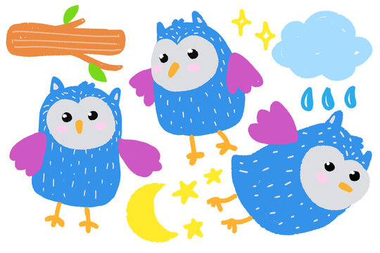 set of cute owls character hand drawn sticker collection