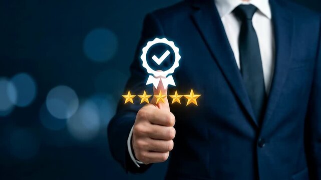 Businessman quality assurance five star rating certification approval success professional suit digital interface thumbs up gesture symbolizing trust excellence leadership confident male executive