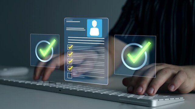 Corporate recruitment and selection process with HR team, reviewing documents, assessing qualifications, and making data-driven hiring decisions in a modern business