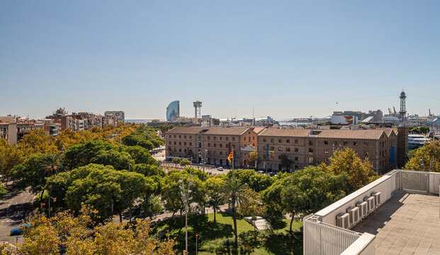 A panoramic view of Barcelona featuring green trees, urban buildings, and a clear blue sky. The scene captures the vibrant city life and architecture.