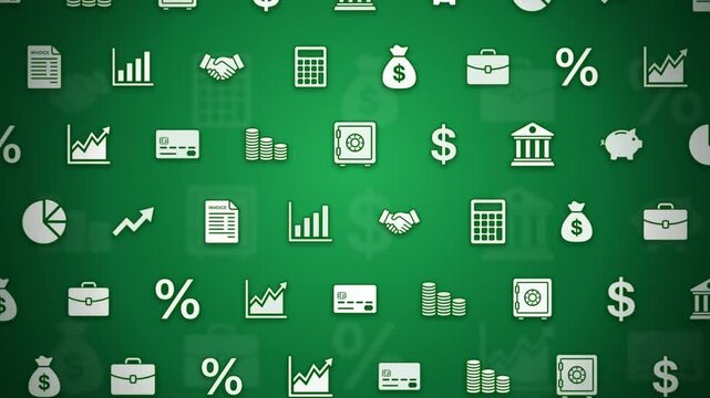 Business finance icon grid pattern moving background loop with banking and money symbols