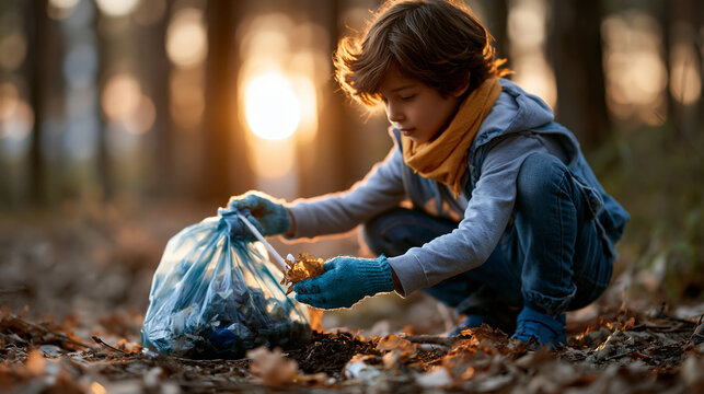 Child volunteer collecting plastic litter in a park with a garbage bag with cinematic environmental lighting, authentic outdoor textures and commercial stock clarity, symbolizing green