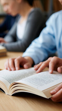 People reading books at table in library or classroom setting, focused on learning and education activity.