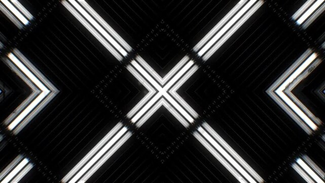 Abstract symmetrical geometric background featuring crossing diagonal white neon lights and glowing lines on a dark grid structure, futuristic cyber concept.