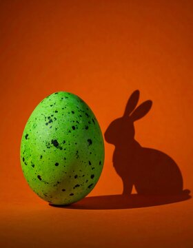 A green egg with black speckles next to a bunny's silhouette on an orange background