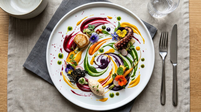 Gourmet fine dining seafood dish with seared scallop, octopus, and colorful purees artfully plated on a white plate