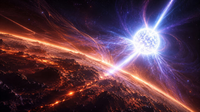 Neutron star, cosmic energy, glowing, universe, dramatic, space landscape, science fiction