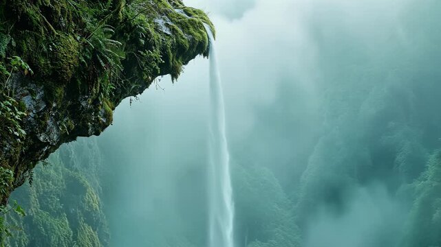Moss-covered rock ledge with a thin waterfall flowing into misty air