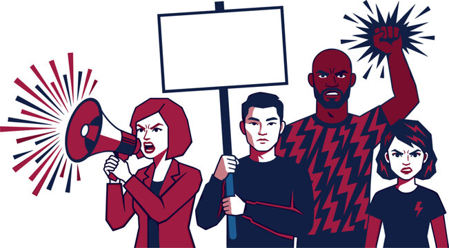 Social protest demonstration illustration featuring activists with megaphone raised fist and protest sign vector design