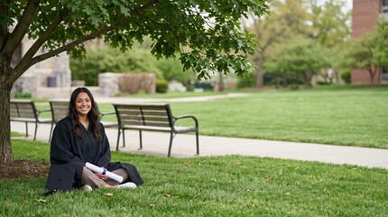 Fototapeta premium Young woman in graduation gown sitting under tree on campus lawn