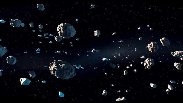 Futuristic spaceship navigates through a dense asteroid field in deep space
