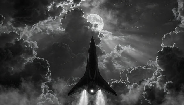 Futuristic aircraft ascending vertically through storm clouds at sunrise dramatic lighting