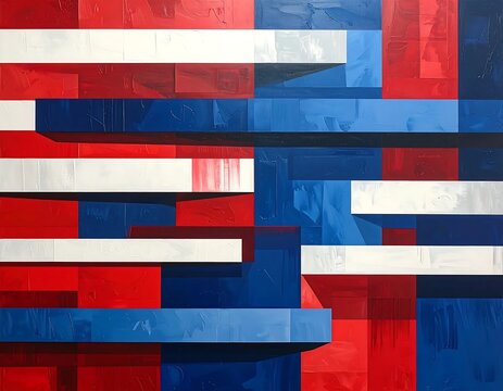 Abstract Geometric Composition with Red Blue and White Rectangular Blocks.