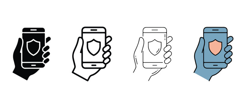 Hands holding mobile phones with shield icons on screens for security and protection  various line art styles