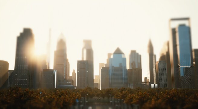 Sunlit Modern City Skyline Silhouette Over Trees