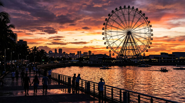 Ferris wheel silhouette above a busy Manila Bay waterfront promenade at dramatic sunset