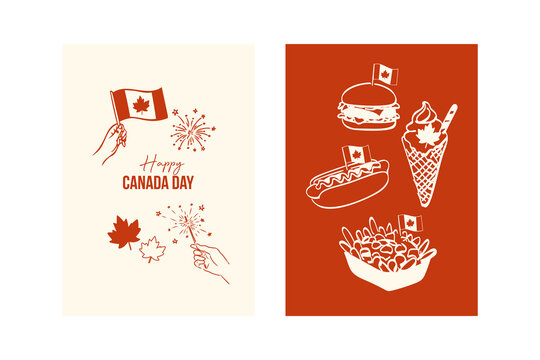 Canada day celebration with flag, fireworks, and iconic Canadian food illustrations