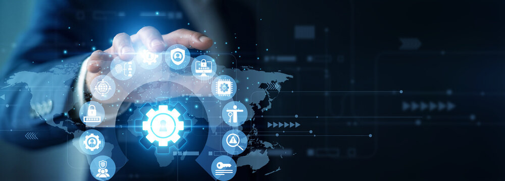 Security expert holding structure graph of Access Management. Corporate manager analyzing identity authentication and secure data growth chart on hologram screen. Modern business strategy.