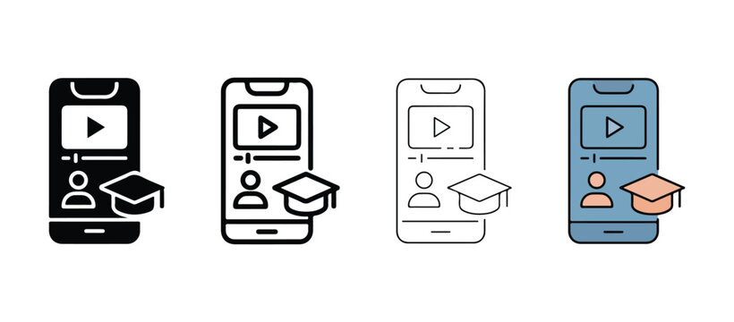 Mobile phone icons with graduation cap and play button on screen for online education and video learning  elearning and remote study concept