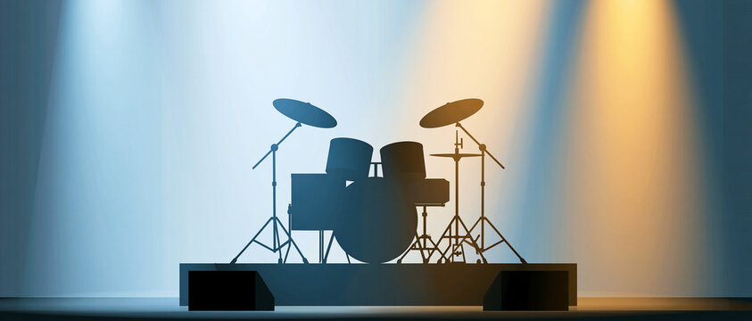Drum set silhouette illuminated by colorful stage lights  