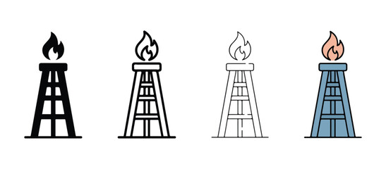 Fototapeta premium Oil rigs with flames on top in different colors and line styles for industry and energy concepts oil rigs with flames on top in different colors and line styles for industry and energy concepts