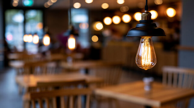 Vintage Edison light bulb hanging in a cozy restaurant interior with warm ambient lighting and blurred background.