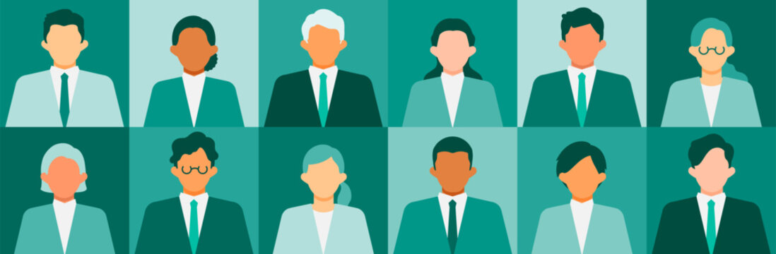 Minimalistic faceless styles define a comprehensive set of multicultural corporate employee avatar icons presented in square borders that fit digital workplace directories seamlessly