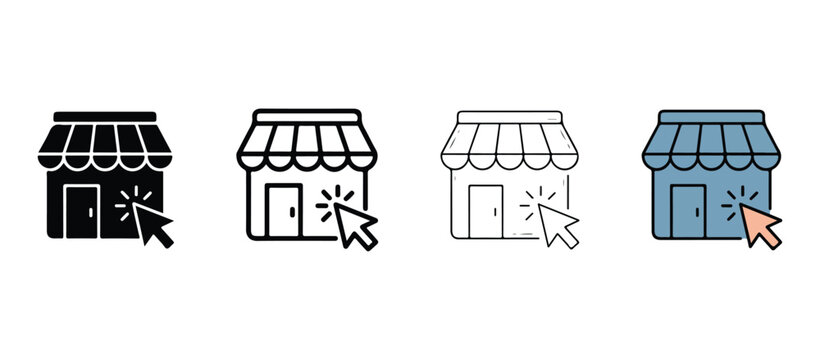 shopping store icons with awnings and mouse cursor clicking on them for online shopping and ecommerce concepts  vector illustrations