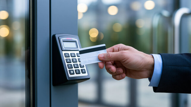 Hand using an access card on a keypad entry system, representing secure authentication, access control and modern security technology.