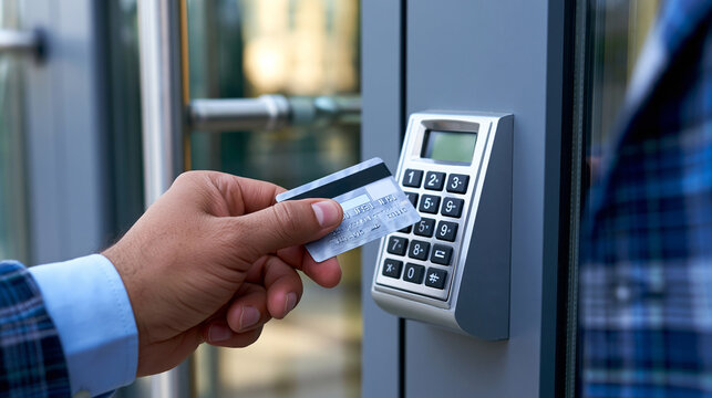 Hand using an access card on a keypad entry system, representing secure authentication, access control and modern security technology.