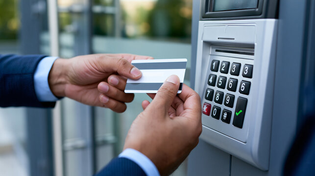 Hand using an access card on a keypad entry system, representing secure authentication, access control and modern security technology.