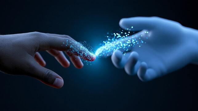 Human and artificial intelligence reaching toward each other through a digital connection, symbolizing collaboration, innovation and future technology.