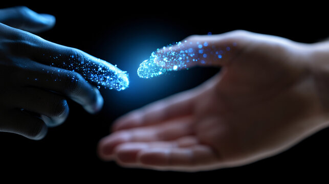 Human and artificial intelligence reaching toward each other through a digital connection, symbolizing collaboration, innovation and future technology.