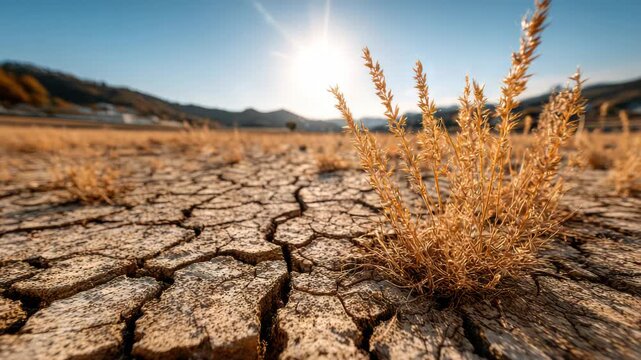 Dry cracked earth with withered grass.