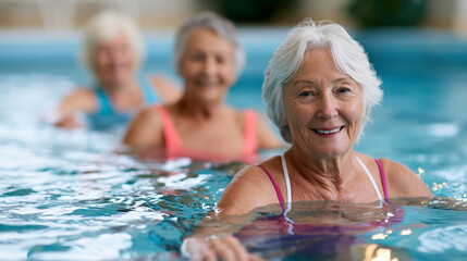 Fototapeta premium Senior citizens participating in aqua fitness class in a swimming pool, promoting active lifestyle, health and wellbeing.