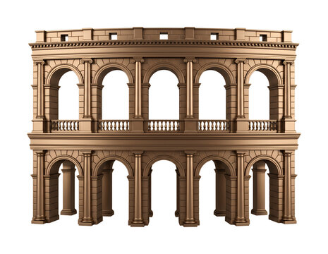 Bronze neoclassical architectural facade with columns and arches isolated on transparent background
