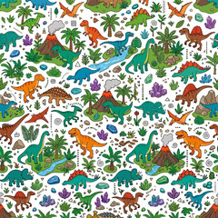 Obraz premium Vibrant dinosaurs roam amidst lush prehistoric landscape with volcanoes and plants in a seamless pattern design.