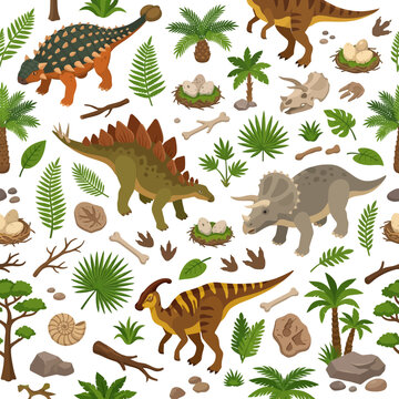 Dinosaur pattern with fossils and tropical plants on white background illustration.