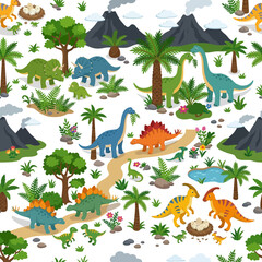 Obraz premium Dinosaur families interact peacefully in a prehistoric landscape with volcanoes and lush vegetation.