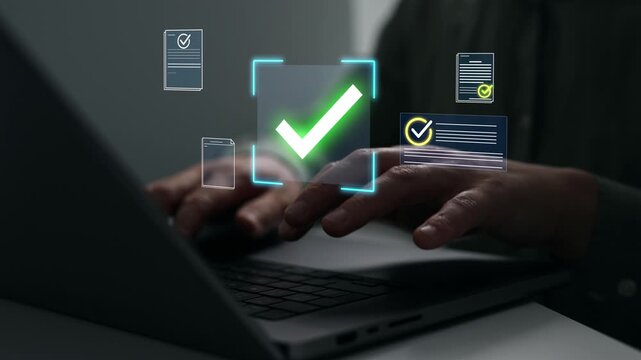 Digital verification concept with checkmark icons, approval status, validation process and quality control assessment.
