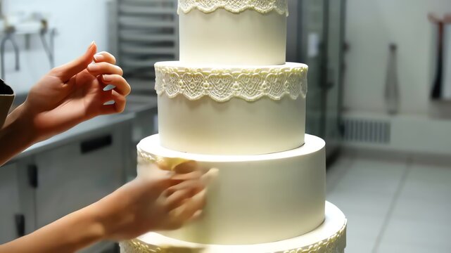 Elegant White Cake Tiered with Lace Details Being Decorated