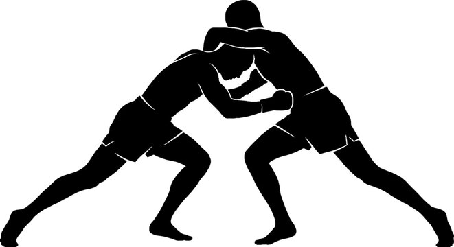 Two wrestlers locked in intense grappling match.