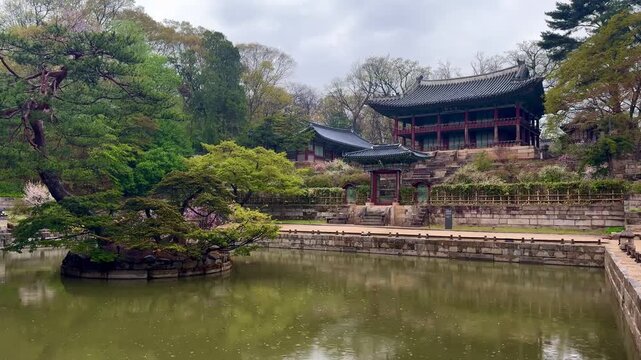 Aeryeonjeong Pavilion from Changdeokgung Secret Garden is a small, peaceful pavilion by Aeryeonji Pond, surrounded by nature and simple wooden design, creating a calm and natural scene with soft refle
