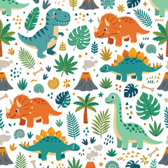 Obraz premium Colorful illustration of dinosaurs and prehistoric elements in a vibrant pattern with volcanoes and tropical leaves on a white background.