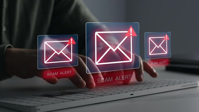 Email scam and hacking concept featuring phishing attacks, compromised mailbox security, identity theft risks and cybersecurity protection for online accounts.