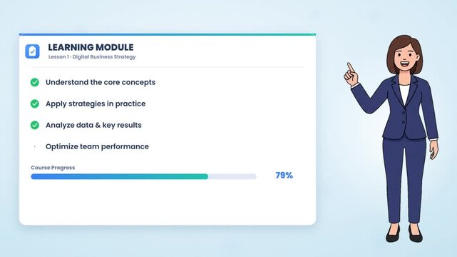 Businesswoman presenting online learning module checklist with course progress and completion