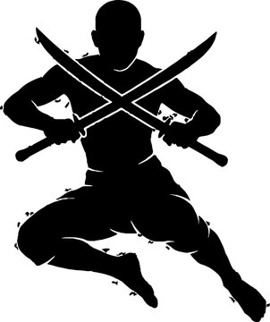 Silhouette of a ninja with crossed swords in action pose.