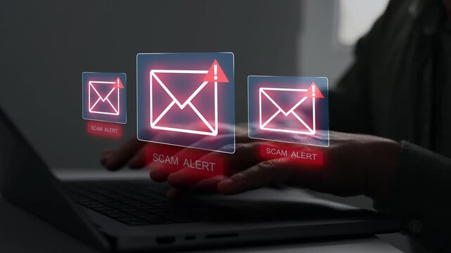 Suspicious email scam concept highlighting phishing threats, hacked accounts, credential theft risks and cybersecurity protection for digital communication.