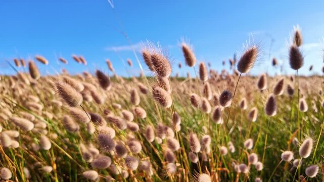 Low-angle macro of fluffy Lagurus ovatus seed heads swaying in coastal meadow under blue sky
