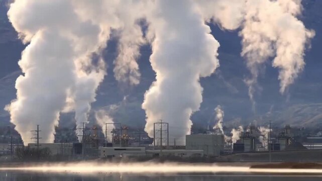 Air pollution from industrial factory chimneys emitting thick smoke. Power plant stacks releasing greenhouse gases near water, environmental pollution and climate change concept.